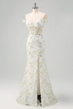 Light Green Floral Mermaid Off The Shoulder Prom Dress with Slit
