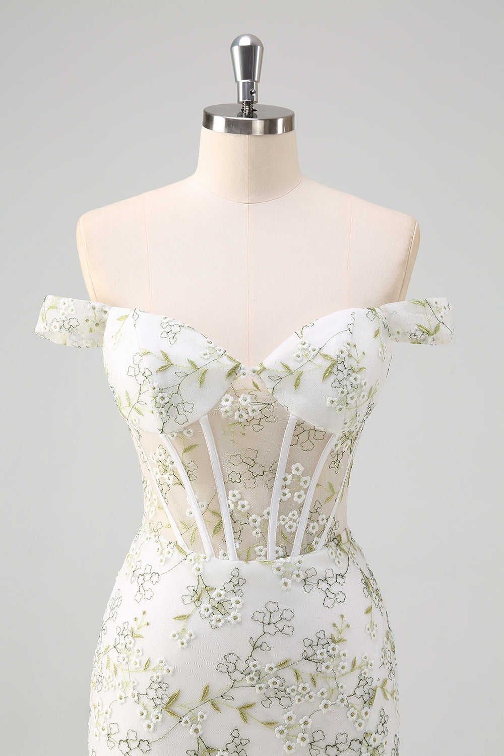 Light Green Floral Mermaid Off The Shoulder Prom Dress with Slit
