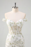 Light Green Floral Mermaid Off The Shoulder Prom Dress with Slit