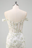 Light Green Floral Mermaid Off The Shoulder Prom Dress with Slit