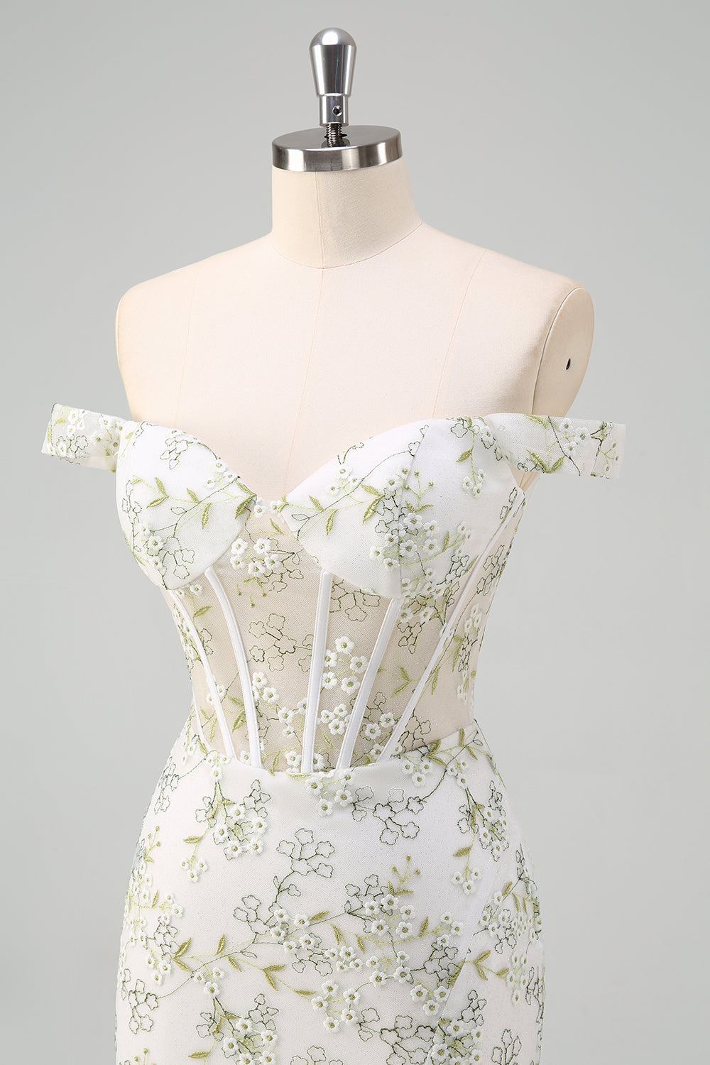 Light Green Floral Mermaid Off The Shoulder Prom Dress with Slit