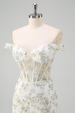 Light Green Floral Mermaid Off The Shoulder Prom Dress with Slit