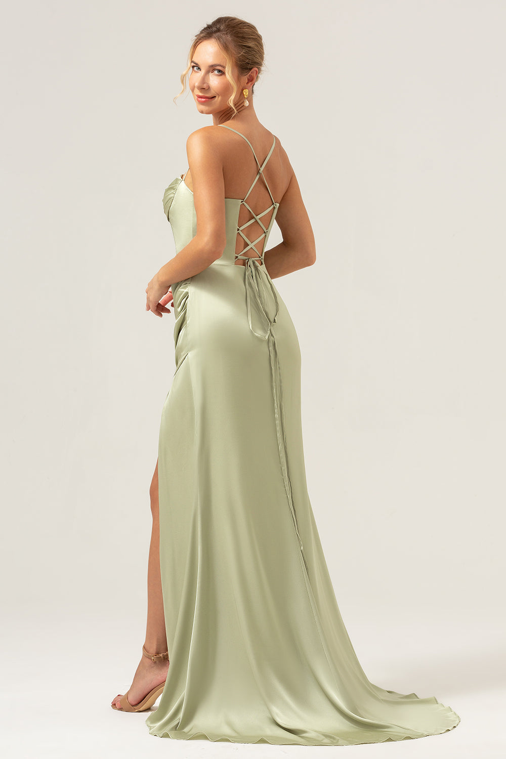 ZAPAKASA Women Sage Corset Long Bridesmaid Dress Spaghetti Straps Lace