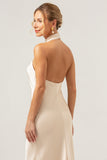 Champagne Halter Long Bridesmaid Dress with Back Slit