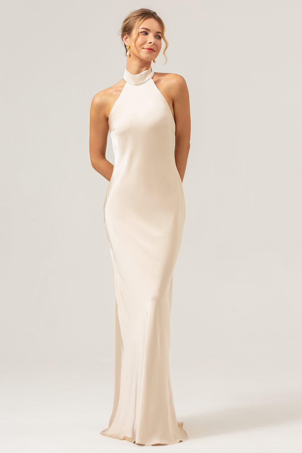 Champagne Halter Long Bridesmaid Dress with Back Slit