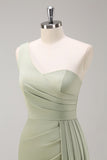 One Shoulder Sage Long Prom Dress with Slit