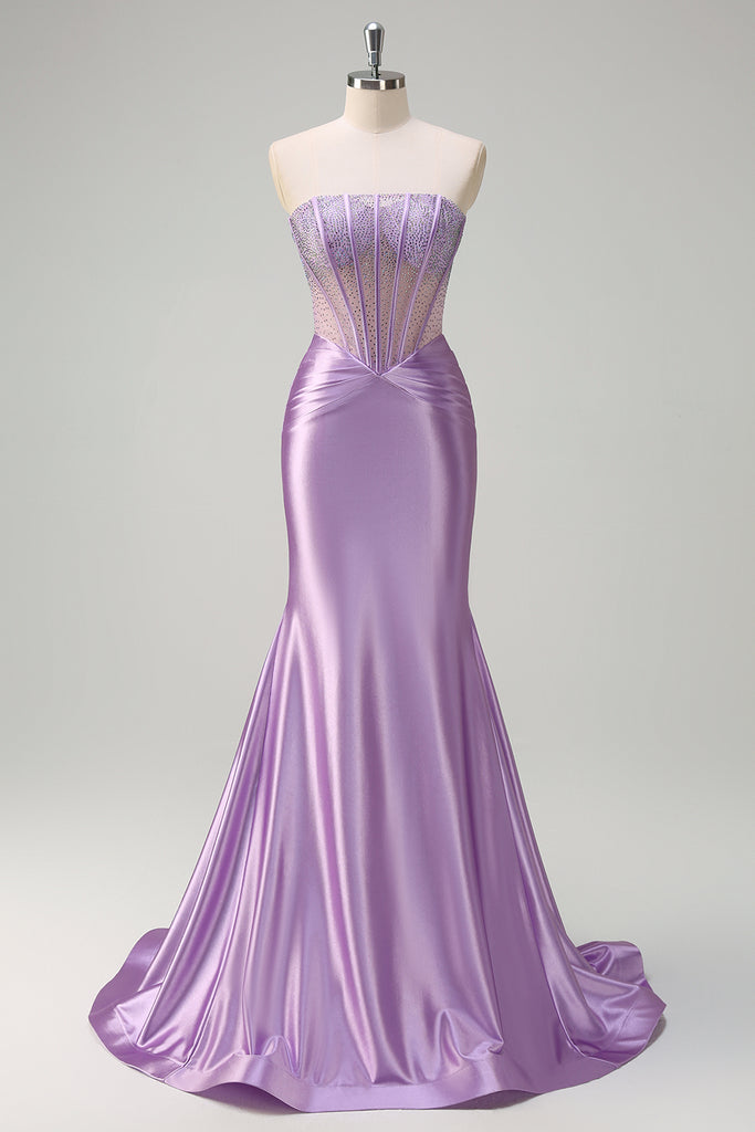 Luxury Purple Strapless Corset Beaded Evening Dress With Scarf LA73525 main image 0