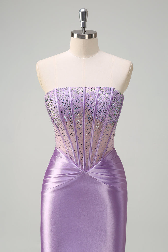 Lilac Mermaid Spaghetti Straps Ruched Corset Long Prom Dress With Beading