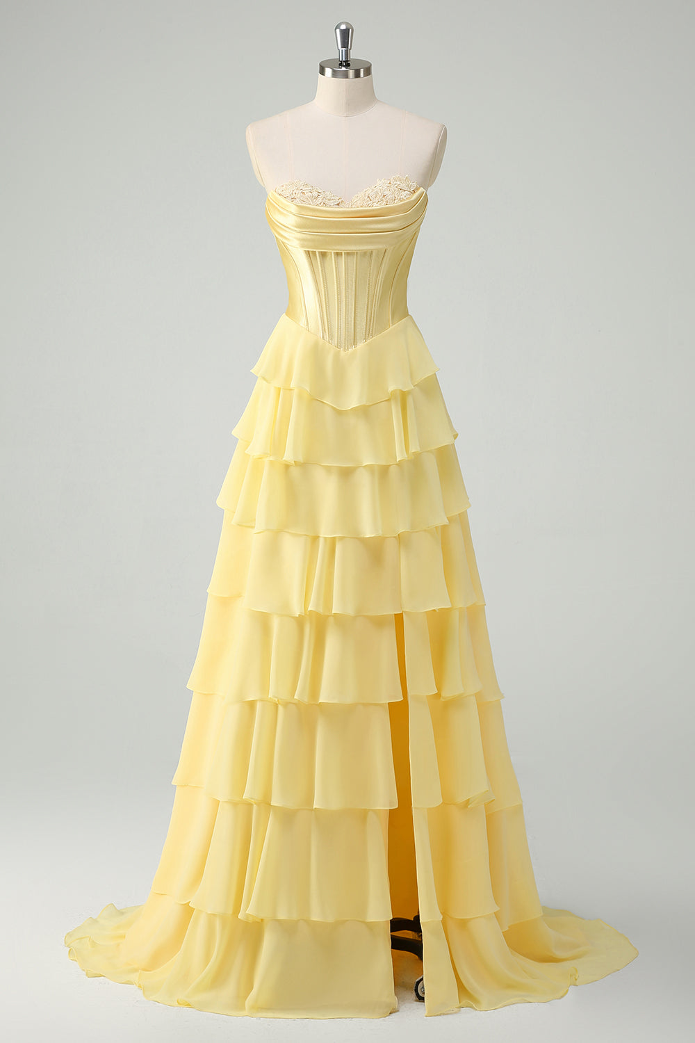 Yellow A-Line Appliques Tiered Prom Dress Sweetheart Formal Dress with Slit