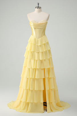 Yellow A-Line Appliques Tiered Prom Dress Sweetheart Formal Dress with Slit