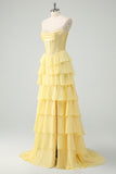Yellow A-Line Tiered Sweetheart Long Prom Dress with Slit