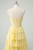 Yellow A-Line Tiered Sweetheart Long Prom Dress with Slit