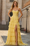 Yellow A-Line Tiered Sweetheart Long Prom Dress with Slit