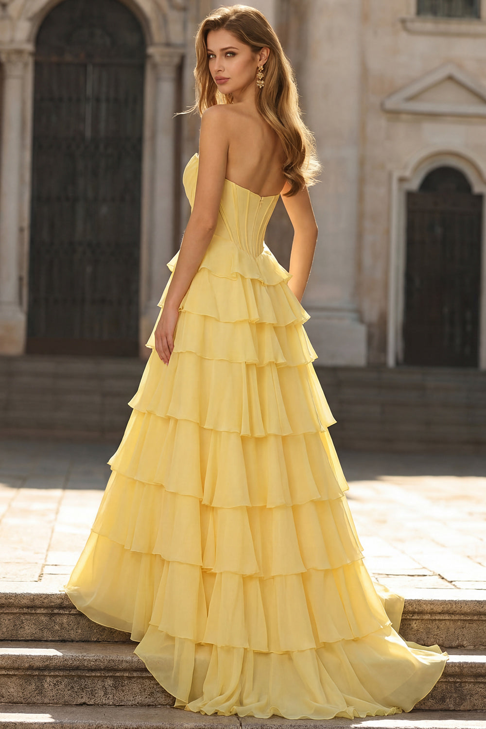 Zapakasa Women Yellow A-Line Appliques Tiered Prom Dress Sweetheart Formal Dress with Slit Zapakasa Women Yellow A-Line Appliques Tiered Prom Dress Sweetheart Formal Dress with Slit