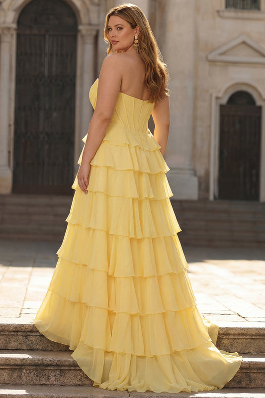 Plus Size Yellow A-Line Tiered Sweetheart Long Prom Dress with Slit