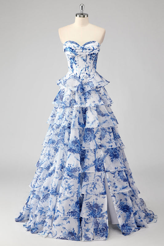 Blue Long Prom Dress with Slit A-Line Sweetheart Tiered Corset Evening Dress