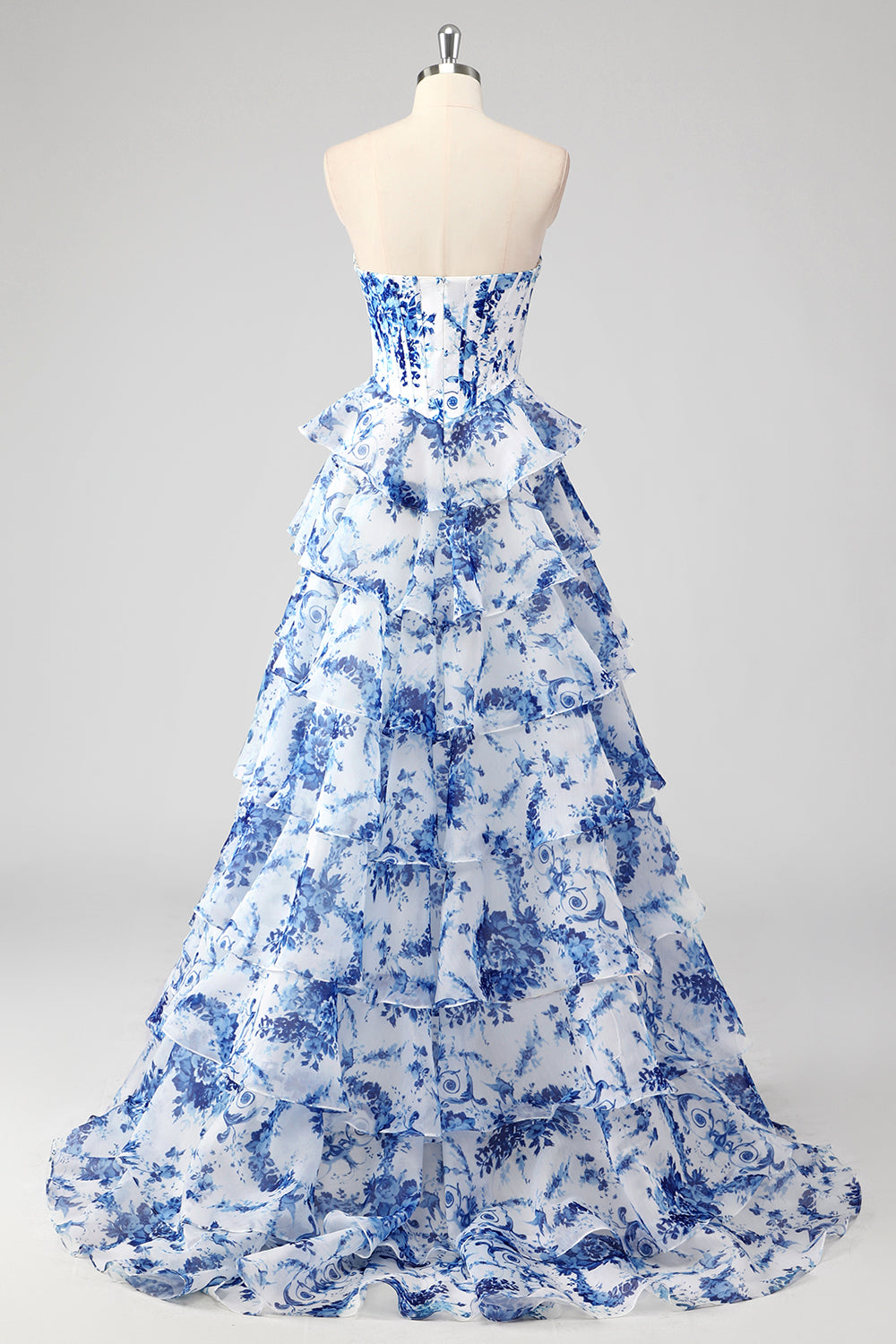 Blush Floral A-Line Tiered Sweetheart Long Prom Dress with Slit