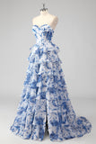 Blush Floral A-Line Tiered Sweetheart Long Prom Dress with Slit