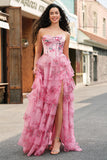 Blush A-Line Floral Ruffled Prom Dress Chiffon Sweetheart Formal Dress with Slit
