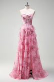 Blush A-Line Floral Tiered Prom Dress Beaded Sweetheart Formal Dress with Slit