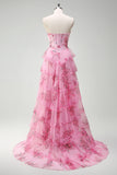 Blush Floral A-Line Ruffled Corset Sweetheart Long Prom Dress with Slit
