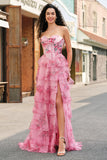Blush Floral A-Line Ruffled Corset Sweetheart Long Prom Dress with Slit