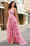 Blush Floral A-Line Ruffled Corset Sweetheart Long Prom Dress with Slit