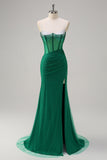 Sparkly Mermaid Spaghetti Straps Royal Blue Corset Long Prom Dress with Slit