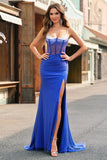 Sparkly Mermaid Spaghetti Straps Royal Blue Corset Long Prom Dress with Slit