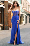 Sparkly Mermaid Spaghetti Straps Royal Blue Corset Long Prom Dress with Slit