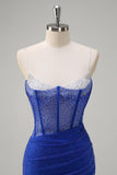 Sparkly Mermaid Spaghetti Straps Royal Blue Corset Long Prom Dress with Slit