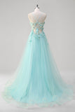 Green Floral Spaghetti Straps Corset Long Prom Dress with Appliques
