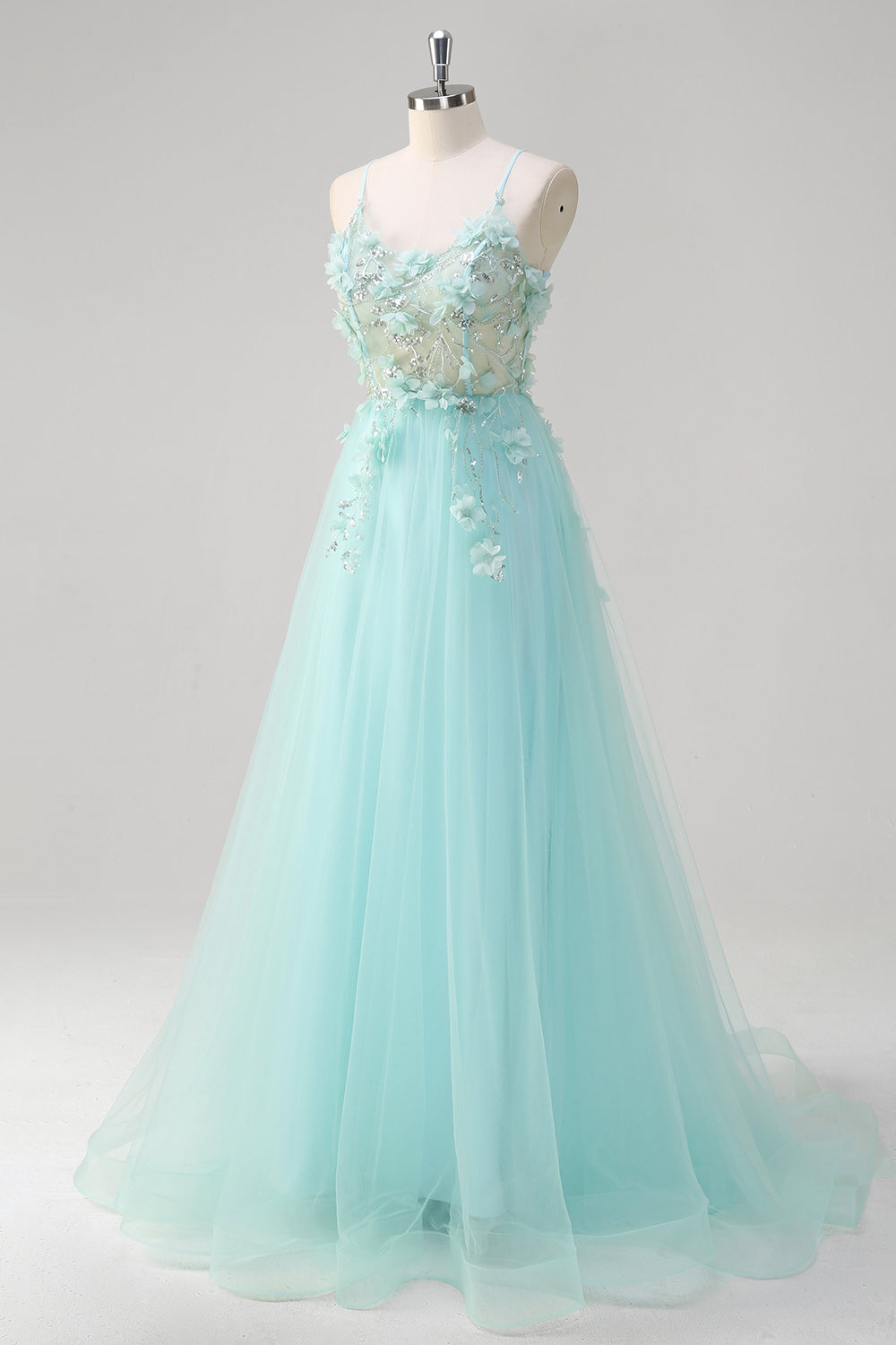 Green Floral Spaghetti Straps Corset Long Prom Dress with Appliques