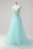 Green Floral Spaghetti Straps Corset Long Prom Dress with Appliques