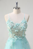 Green Floral Spaghetti Straps Corset Long Prom Dress with Appliques