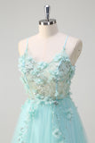 Green Floral Spaghetti Straps Corset Long Prom Dress with Appliques