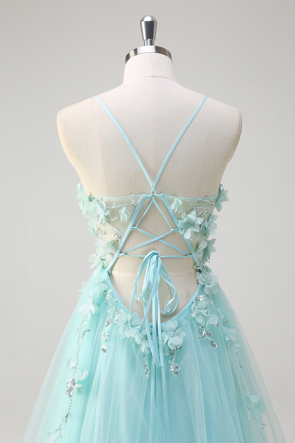 Green Floral Spaghetti Straps Corset Long Prom Dress with Appliques