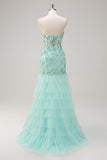 Green Floral Mermaid Tiered Sweetheart Long Prom Dress