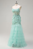 Green Floral Mermaid Tiered Sweetheart Long Prom Dress