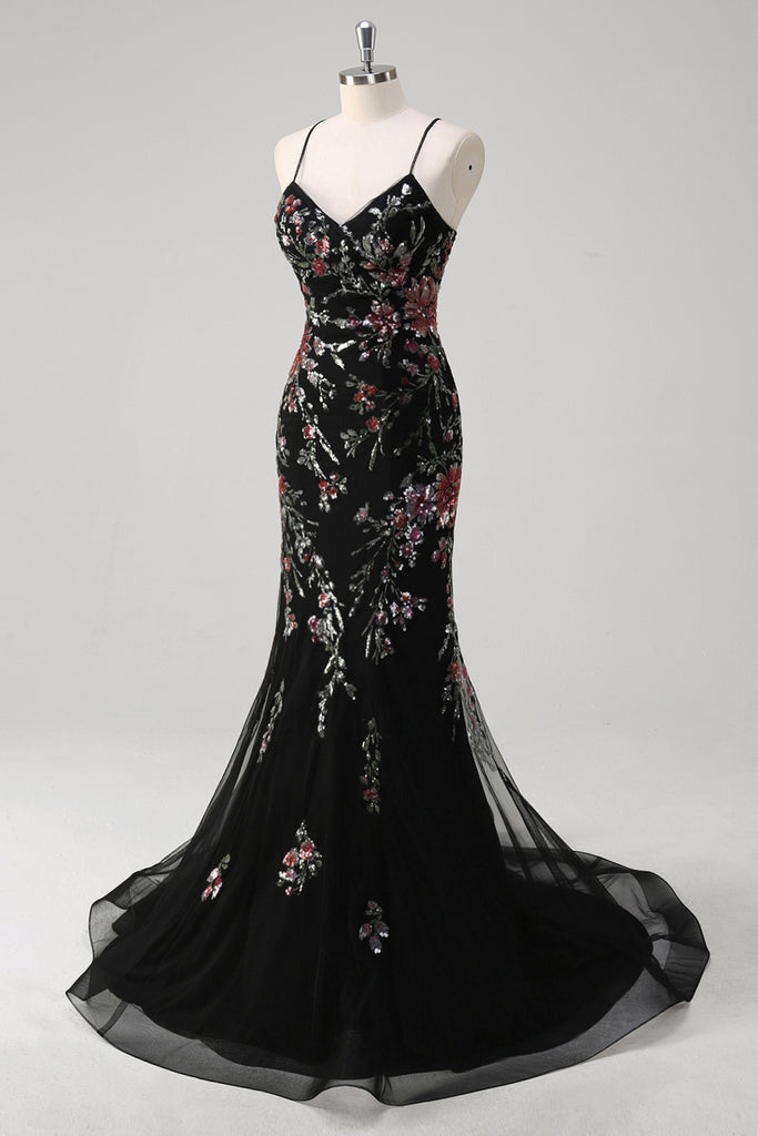 Charming Black Spaghetti Straps Chiffon Appliques Mermaid Party Dress Evening Gown Y9743