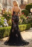 Plus Size Black Mermaid Spaghetti Straps Corset Long Prom Dress with Appliques