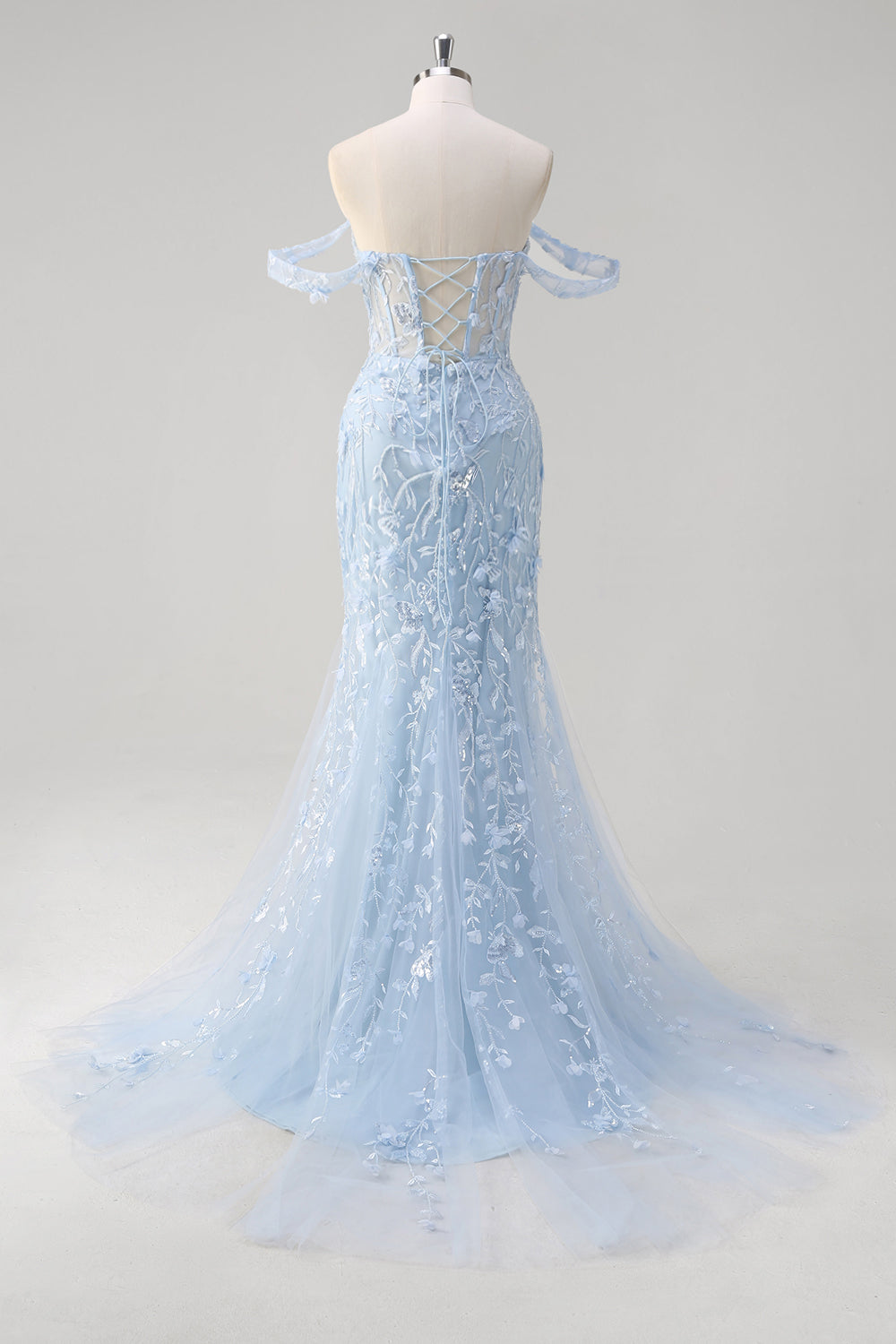 Blue Floral Off The Shoulder Corset Long Prom Dress with Appliques