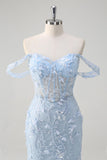 Blue Floral Off The Shoulder Corset Long Prom Dress with Appliques