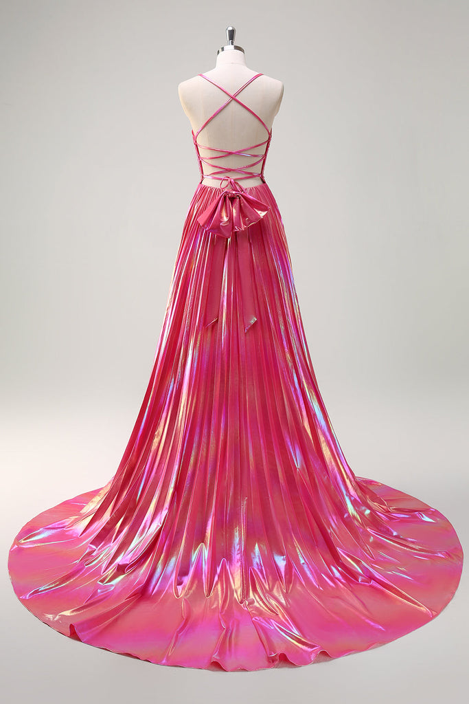 A-line Shoulder Straps Pleated Maxi Dresses with Belt Fuchsia