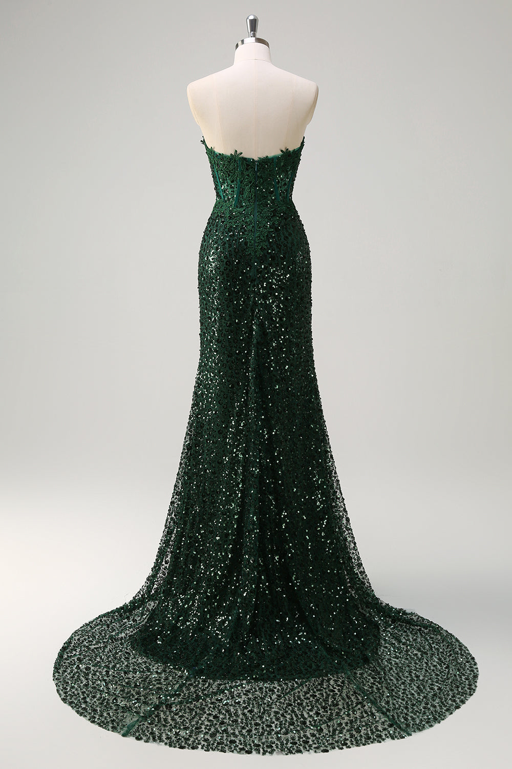 ZAPAKASA Women Dark Green Floral Sequined Mermaid Prom Dress Appliques Ruche Strapless Corset Evening Dress with Slit ZAPAKASA Women Dark Green Floral Sequined Mermaid Prom Dress Appliques Ruche Strapless Corset Evening Dress with Slit