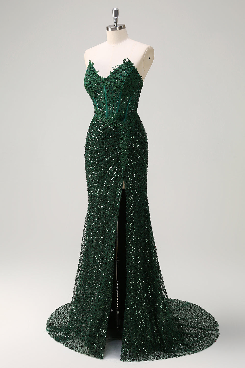 ZAPAKASA Women Dark Green Floral Sequined Mermaid Prom Dress Appliques Ruche Strapless Corset Evening Dress with Slit ZAPAKASA Women Dark Green Floral Sequined Mermaid Prom Dress Appliques Ruche Strapless Corset Evening Dress with Slit
