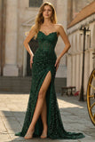 Dark Green Floral Sequined Mermaid Strapless Long Prom Dress with Slit