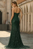 Dark Green Floral Sequined Mermaid Strapless Long Prom Dress with Slit
