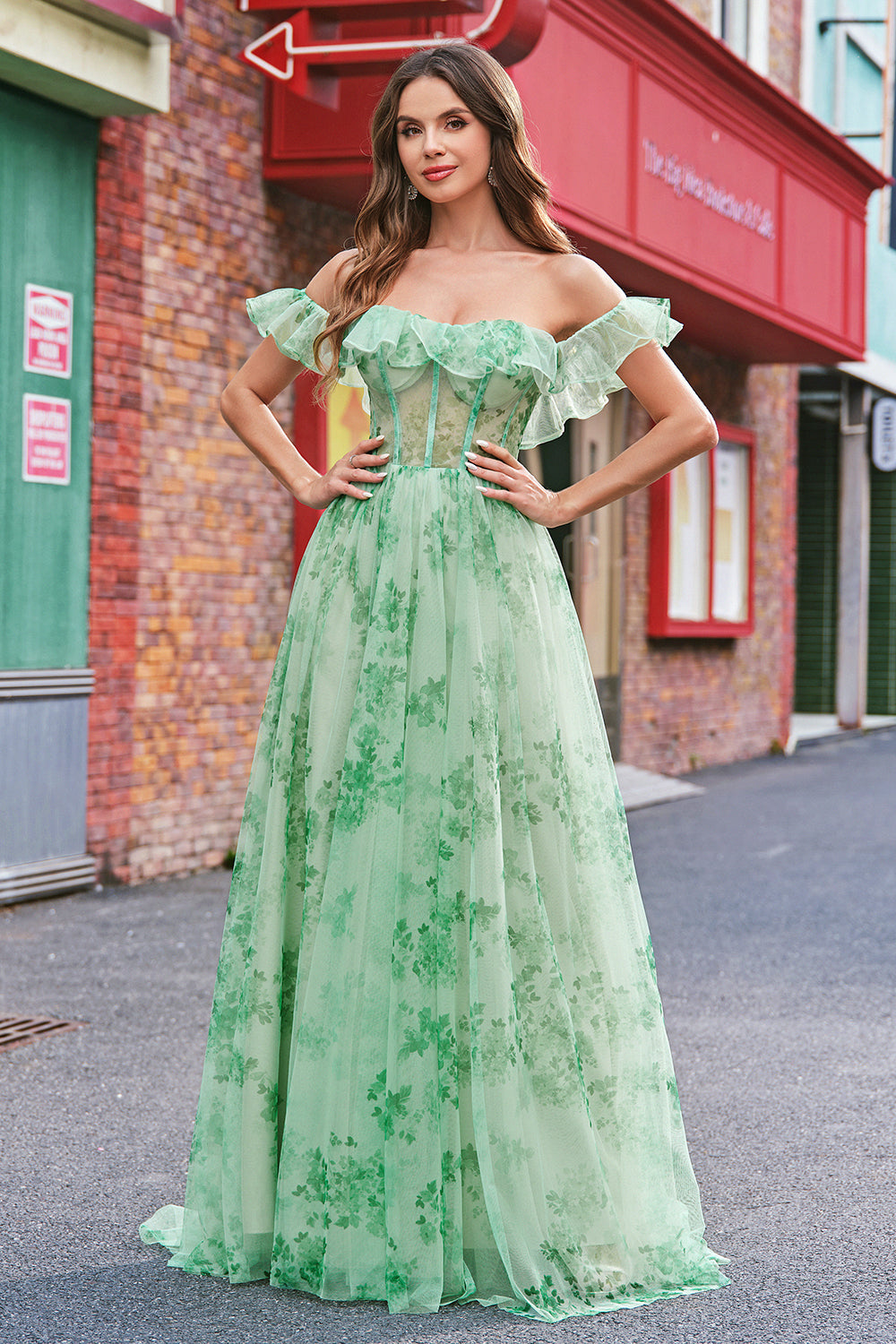 A-Line Green Floral Off The Shoulder Long Prom Dress with Slit