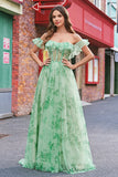 A-Line Green Floral Off The Shoulder Long Prom Dress with Slit